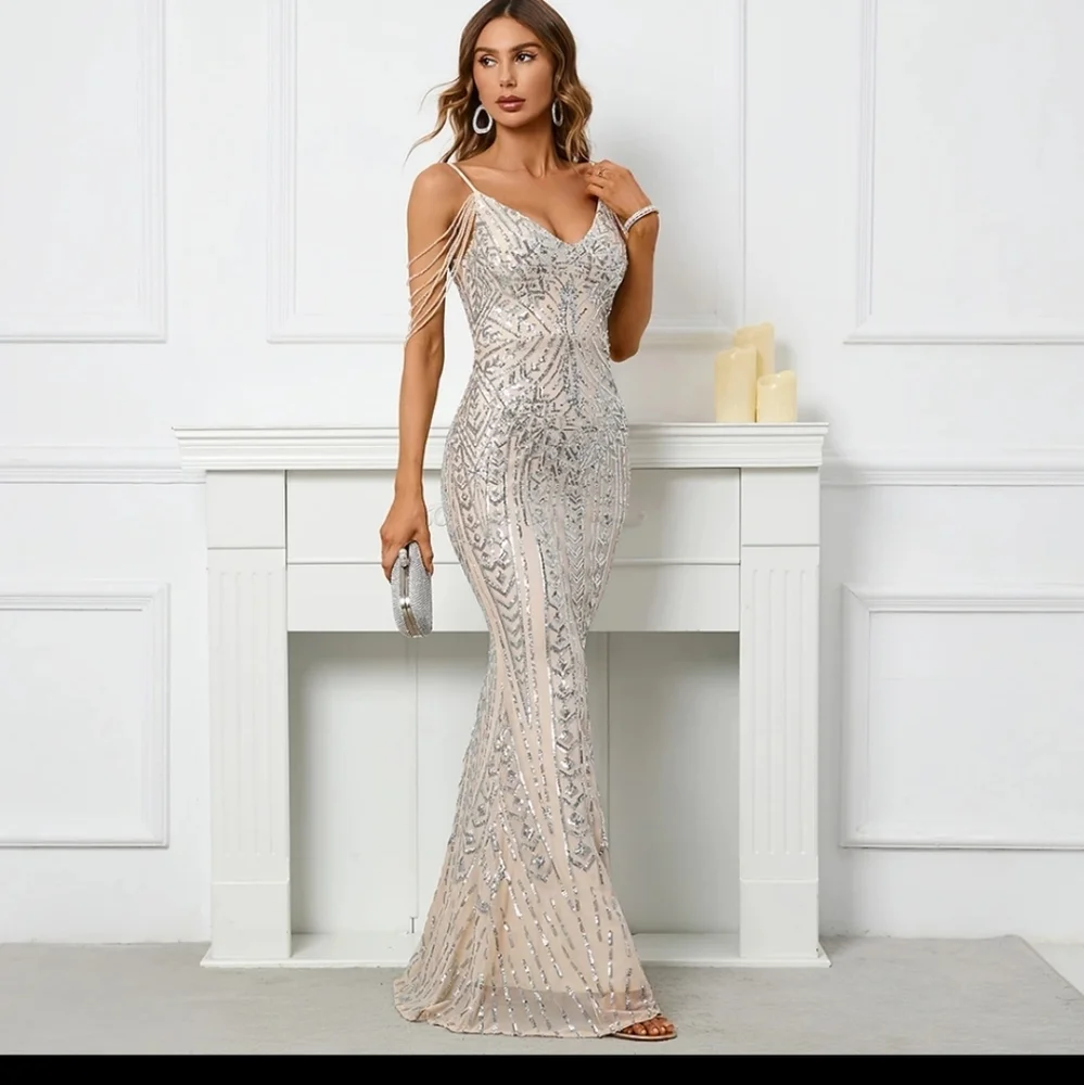 Silver, Backless, Cami,  Fringe Sleeves,  Contrast Sequined Mermaid Gown - Picture 2 of 16